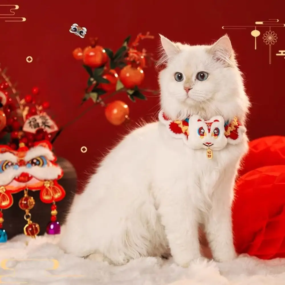 

Chinese Style Spring Festival Lion Dance Cat Tie Handmade Warm New Year Pet Collar Blessing Adjustable Cat Knitting Scarf Autumn