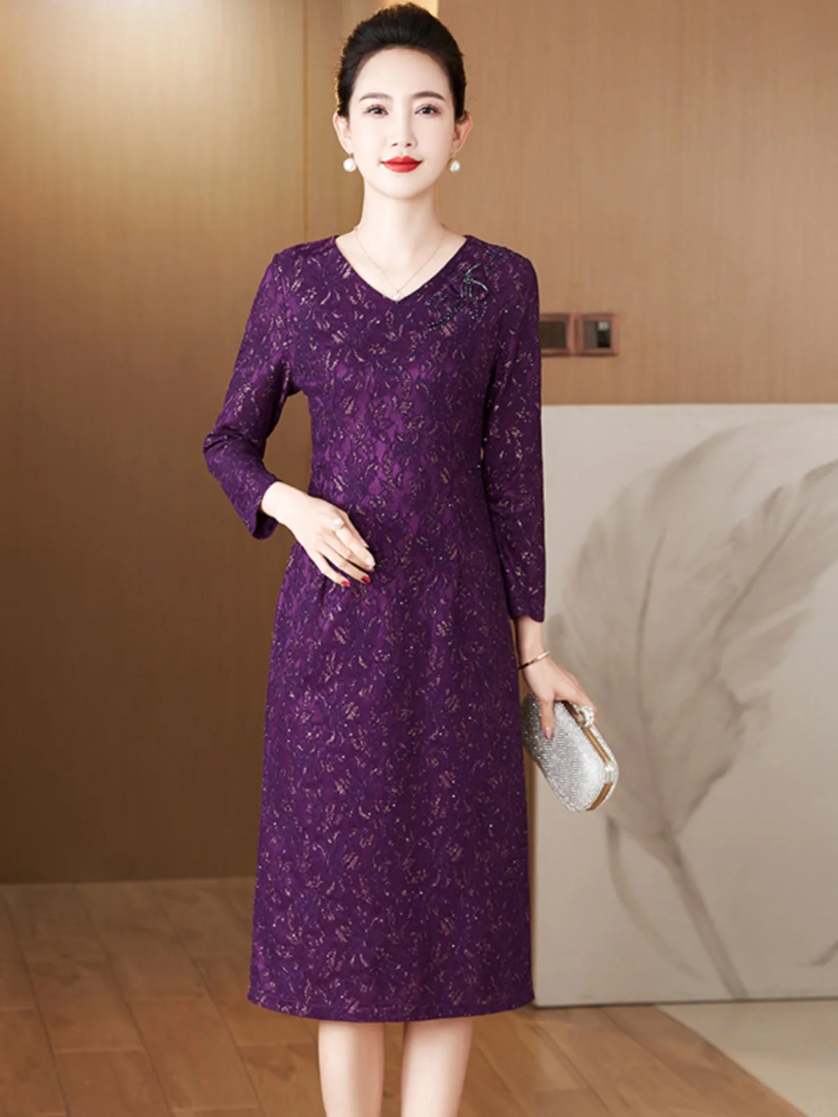 

Ele Embroidered Lace Midi Qipao Dr Slim Fit Mid-Length Faionable Spring New Sle Mommy Clothes Sli Trendy