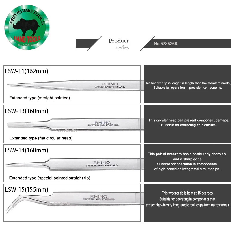 Japanese RHINO LSW series lengthenTweezers Precision Super Hard Sharp Tweezers For Repairing Watch Mobile Or Processing Jewelry