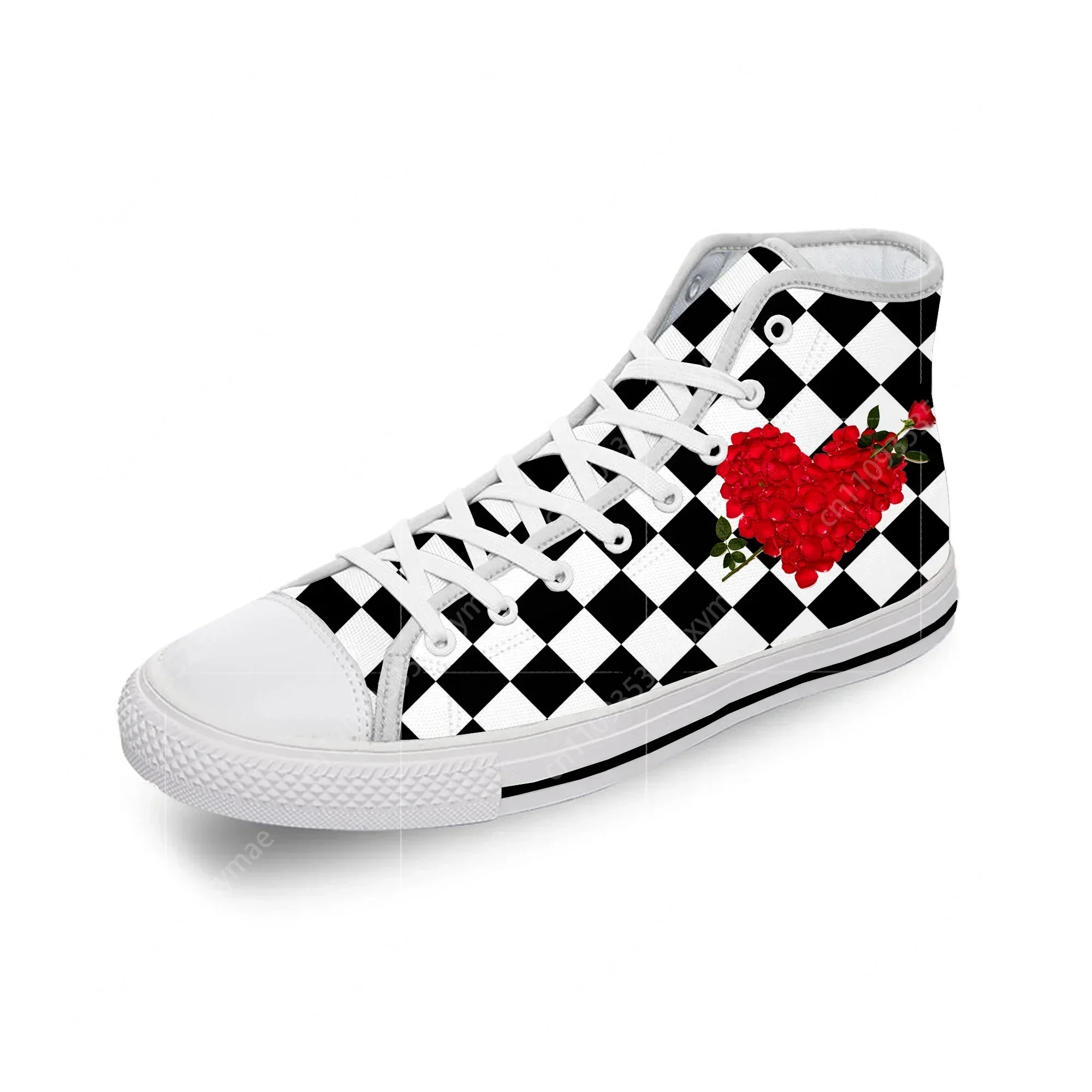 Black And White Squares Rose Flower White Cloth Fashion 3D Print High Top Canvas Shoes Men Women Lightweight Breathable Sneakers
