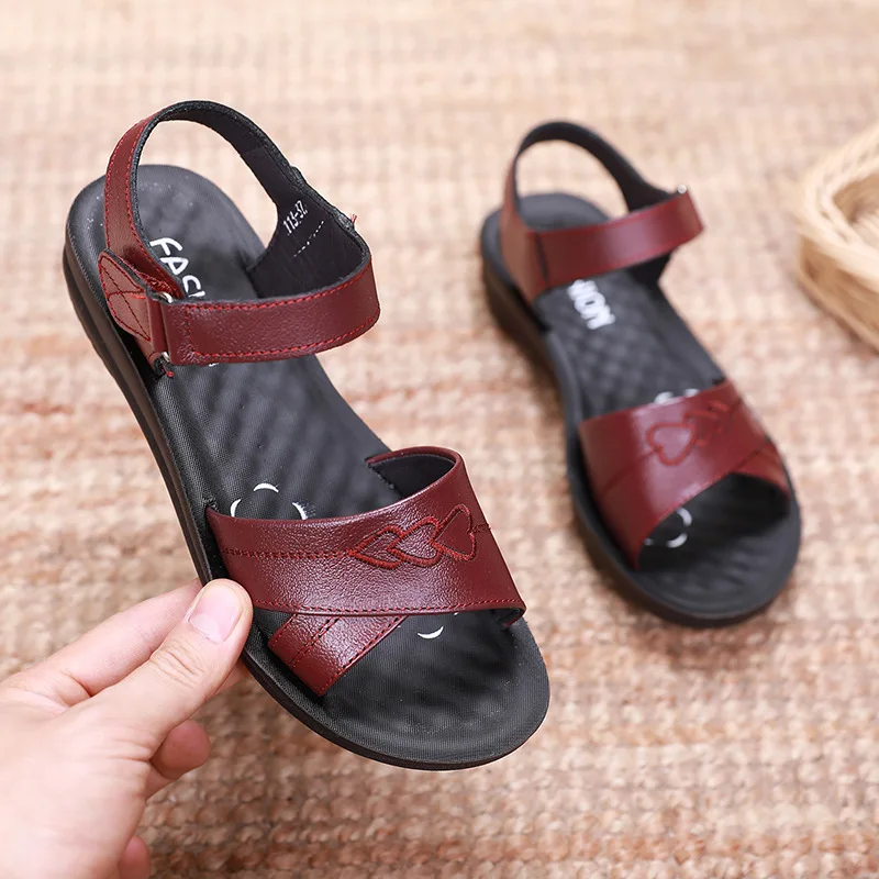 

Red Leather Wedge Sandals For Women With Heart Embroidery Detail Adjustable Ankle Strap Open Toe Non Slip Comfortable Casual Sum
