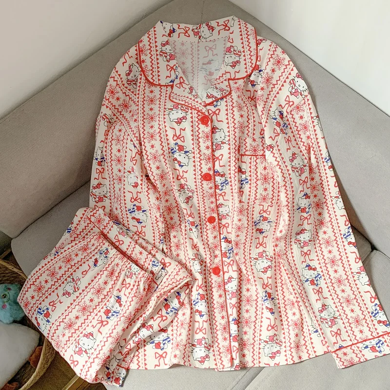 

Рождественский пижамный комплект «Hello Kitty» больших размеров, женский топ с длинными рукавами и брюки, пижама большого размера из мягкой ткани, милая пижама с кошачьим принтом