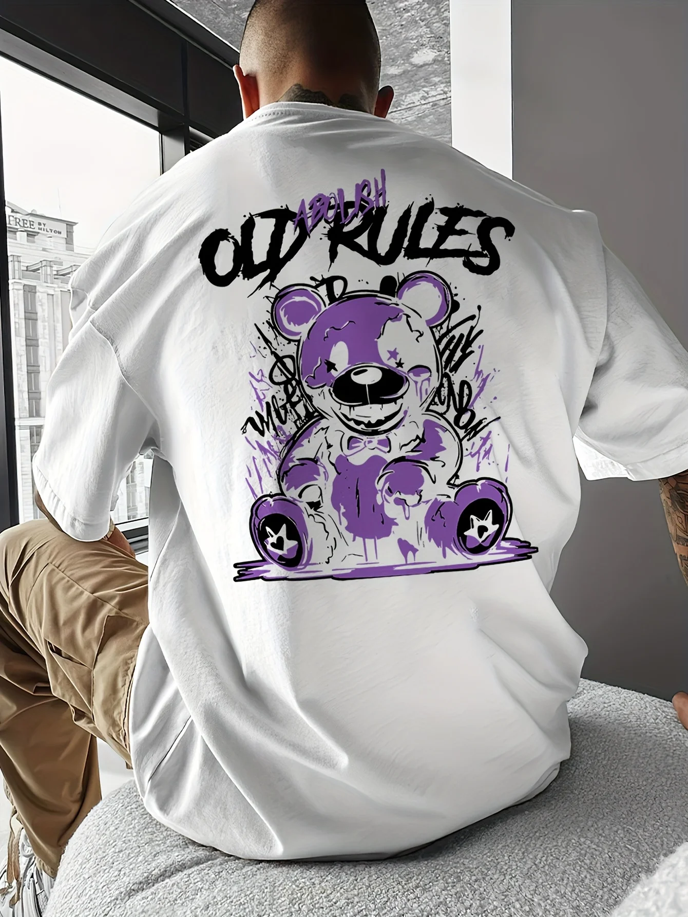 Men's Summer 100 Cotton Fashionable Casual Sports Loose Large Cartoon Bear Pattern Printed Round Neck Short Sleeve T-shirt Top