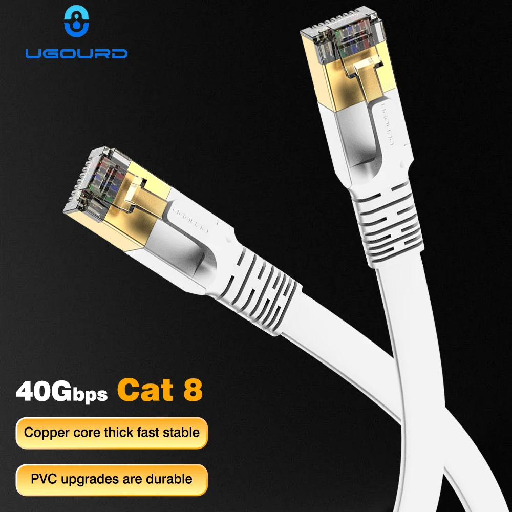 UGOURD Câble Ethernet plat Cat 8 8,3*2,8 mm, câble LAN haute vitesse 40 Gbps, CAT8, PVC blanc avec connecteur RJ45 plaqué or, 1,6-98 pieds