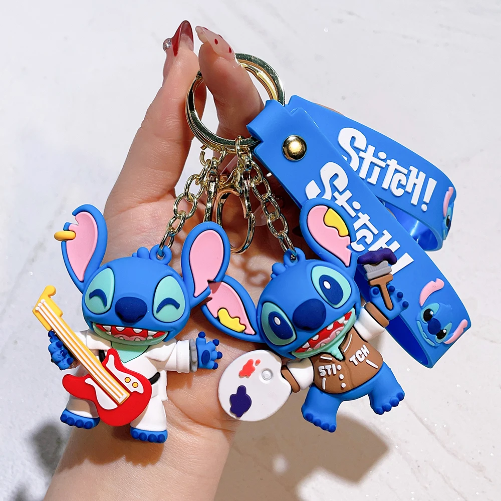 Cartoon Disney Lilo & Stitch Silicone Pendant Keychain for Women Men Fans Lovely Pink Blue Purple Stitch Angel Keyring Gifts