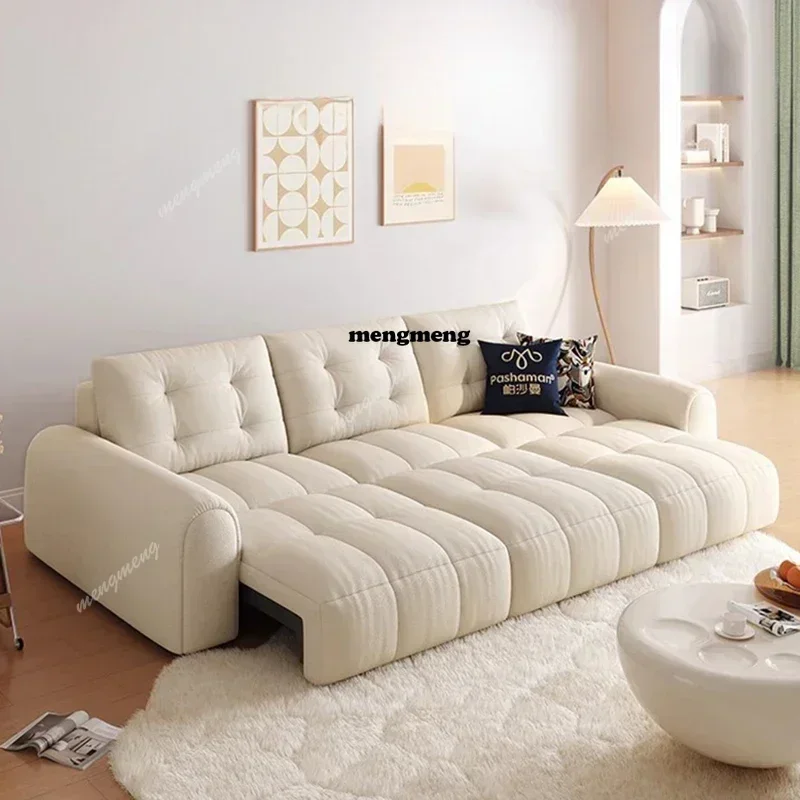 Best saller Electric function fabric sofa bed living room cream wind small apartment retractable straight row puff sofa
