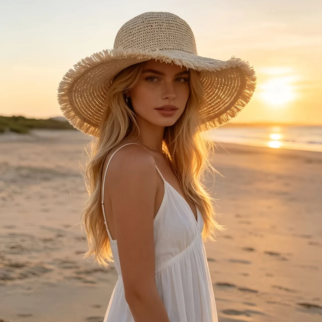 Women's Summer Openwork Woven Bohemian Beach Sun Hat Wide Brim fisherman's Hat with Frayed Edges Foldable Portable Travel Hat