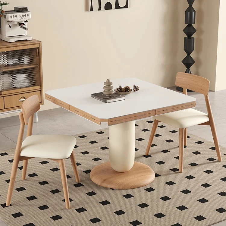 ##Modern Extendable Dining Furniture Set White Dining Table & Beige Cushioned Wood Chairs, Ideal for  Scandinavian Decor