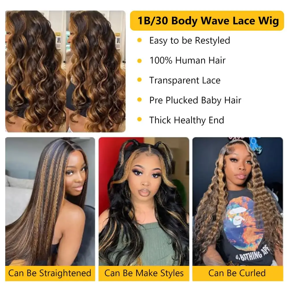 1B/30 Body Wave Highlight Wig Human Hair 30 Inch 13x4 HD Lace Frontal Wig 200 Density Natural Brazilian Hair Wig For Black Women