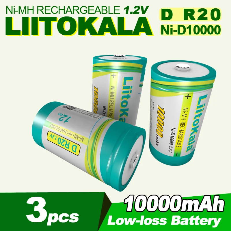 LiitoKala D – batterie Rechargeable NiMH, 10000mah, 1.2V, 10ah, un modèle LR20 HR20 33600, déchargeur de jouets électroniques, 3 pièces