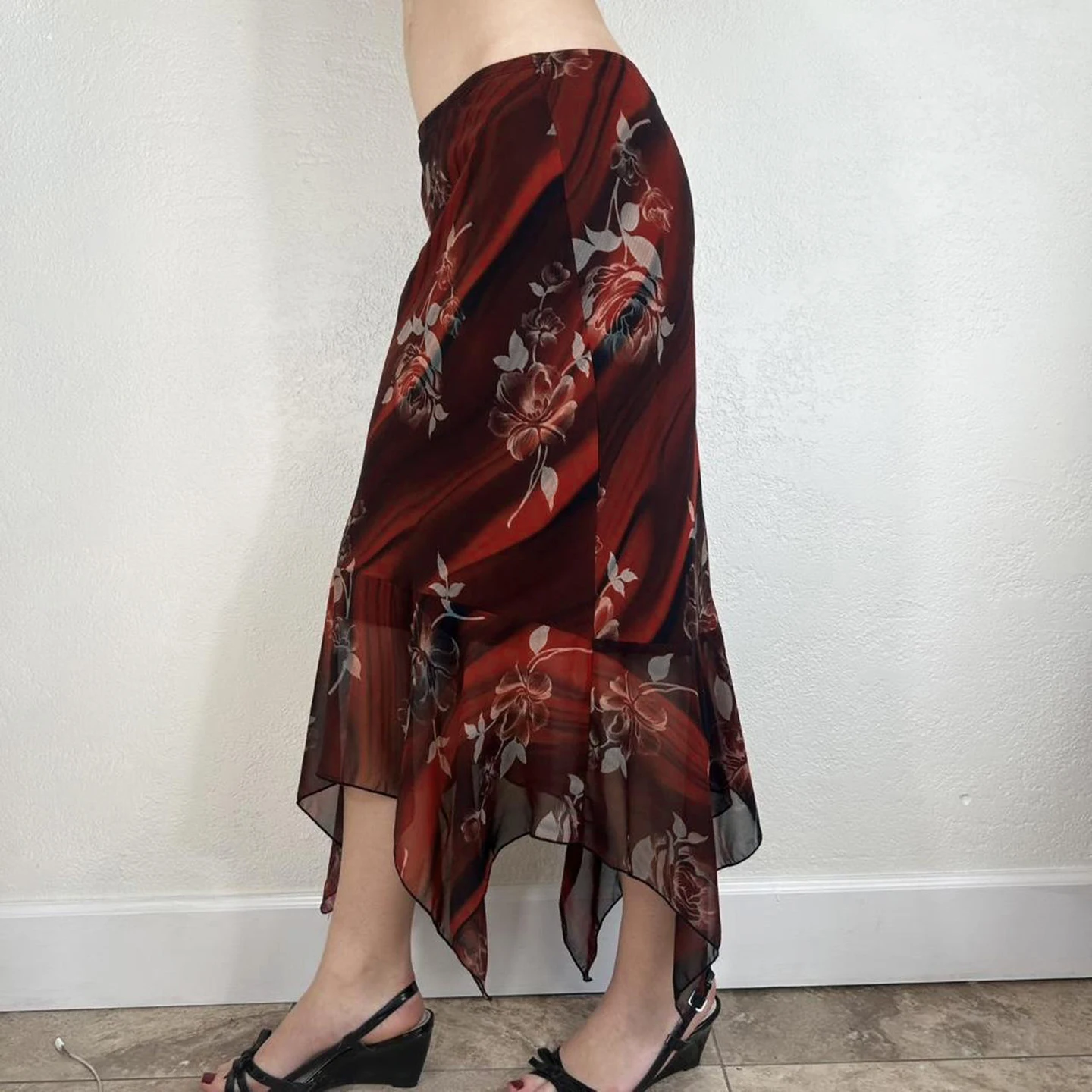 Bohemian Floral Print High Low Wrap Skirt Elegant Asymmetric Hem Casual Party Dressy Skirt Mesh Patchwork Flower Pattern Beach