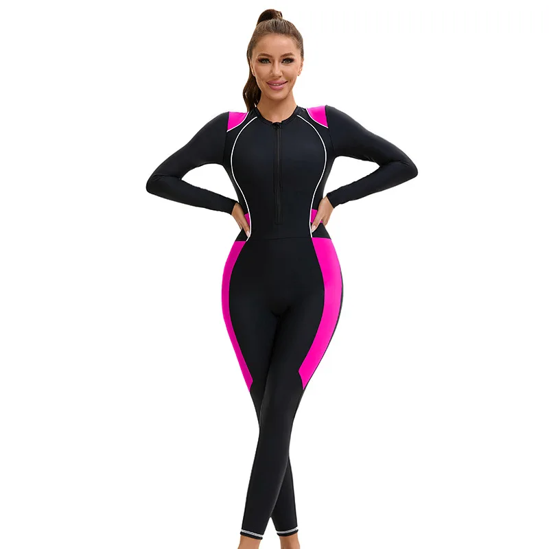 Women Color Block Full Body Swimsuit Long Sleeve Zip Front One Piece Rash Guard Suit Quick Dry Surfing Diving Wetsuit Swimwear