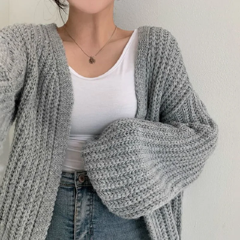 Women Sweaters V Neck Lantern Sleeve Cardigan Jumpers Knit Open Stitch Regular Solid Spliced Casual Simple Autumn 2025 - Image 6