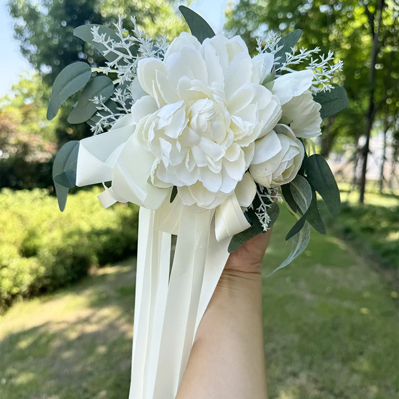 1PC Wedding Chair Back Flower Simulation Water Lily Willow Leaf Corridor Decoration Flower Chiffon Ribbon White Flowers