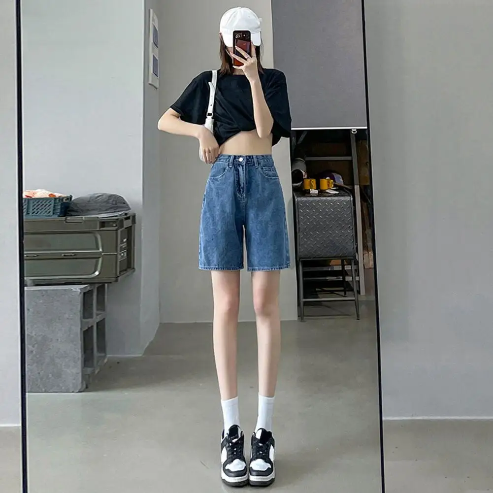 Women Knee Length Jeans Straight High Waist Zipper Button Closure Retro Pockets Loose Lady Denim Shorts Casual Short Pants