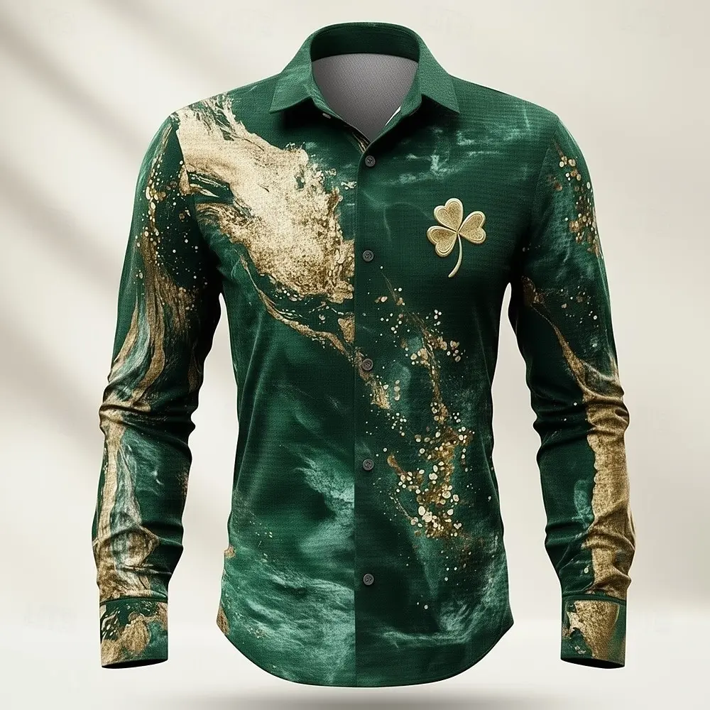 

Мужская рубашка с изображением трилистника на день Святого Патрика, повседневная рубашка с длинным рукавом, винтажные отложные рубашки на пуговицах с 3D принтом