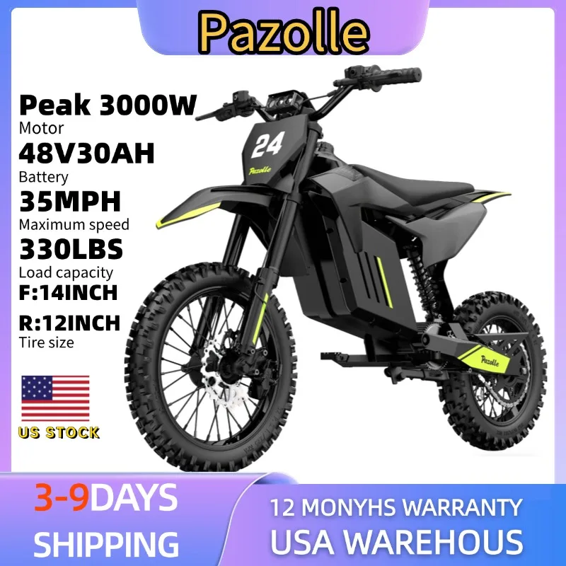 Pazolle 3000W vélo de saleté électrique pour adultes 35MPH 48V 30AH pneus tout-Terrain freins hydrauliques de moto électrique F14 "et R12"