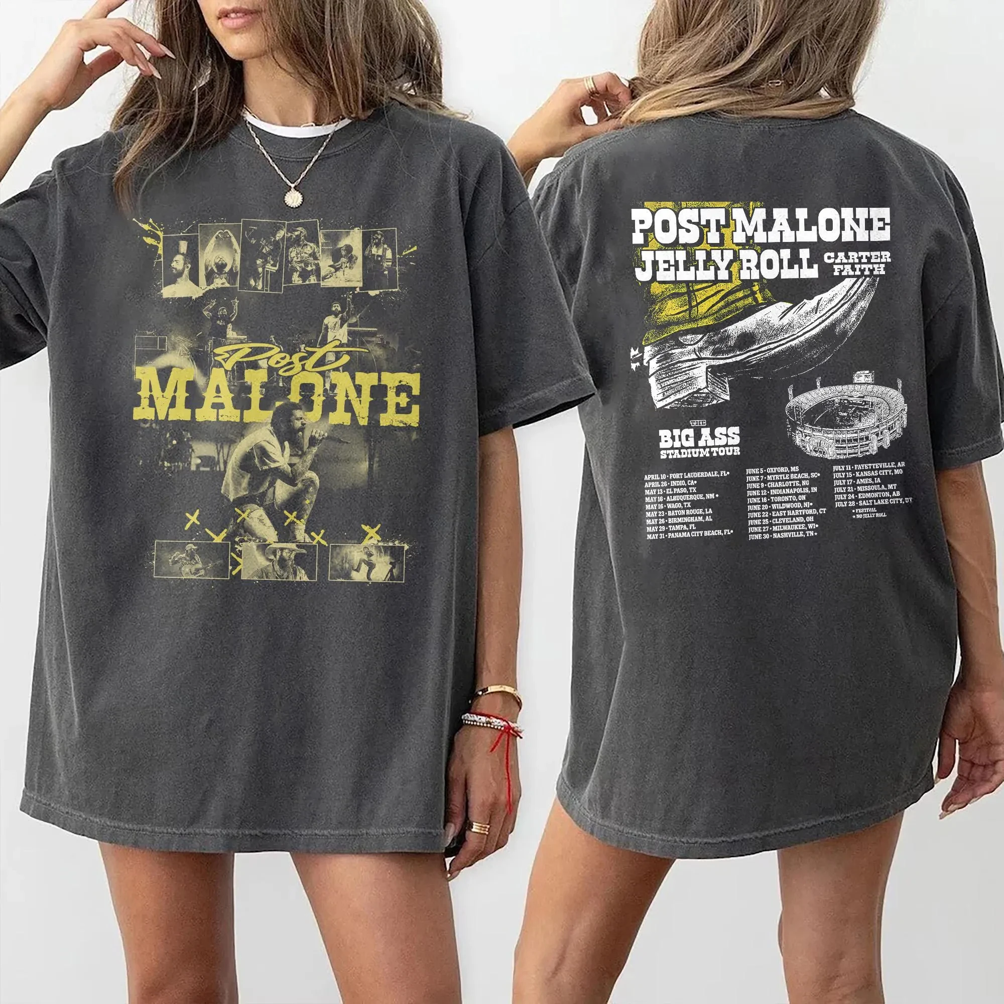 Camiseta de la gira 'Super Stadium Tour' 2026, camiseta reversible de concierto de Post Malone Jelly Roll, camiseta de algodón puro para parejas, estilo streetwear
