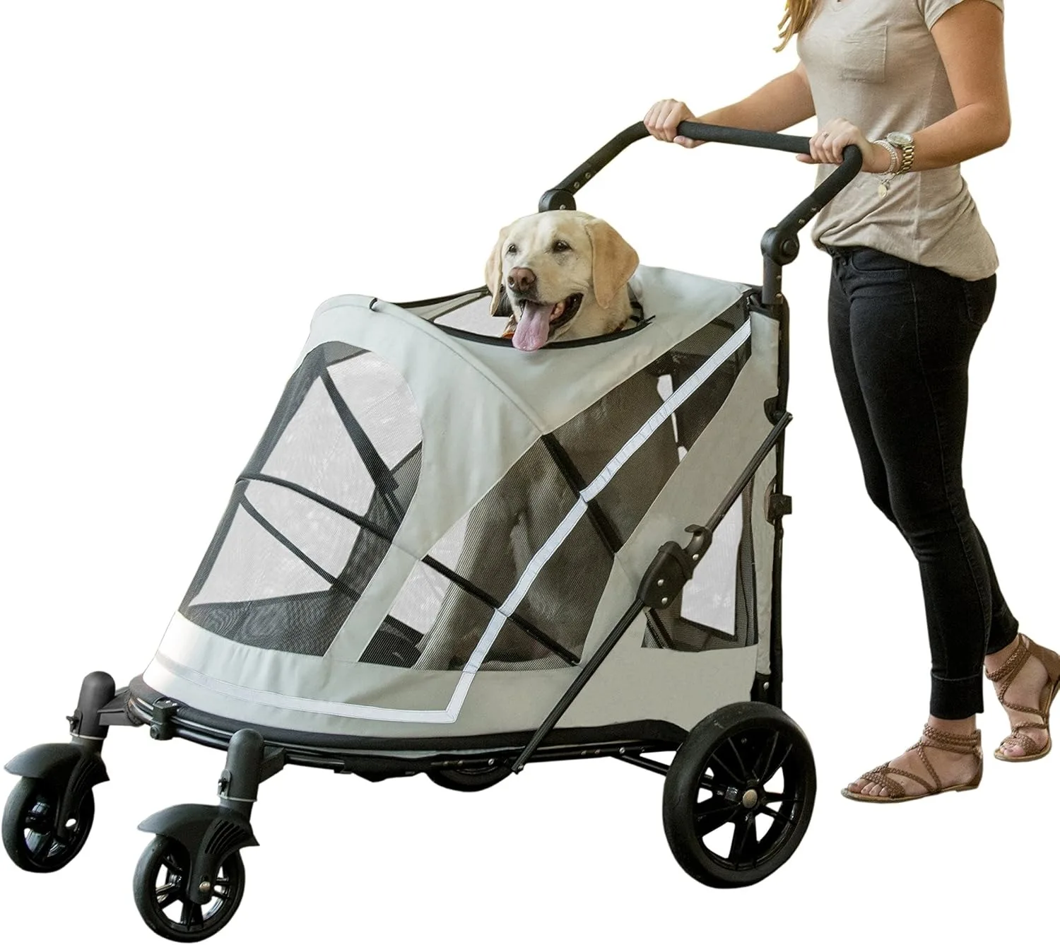 

A variety of colors and sizes of pet strollers are available for cats and dogs