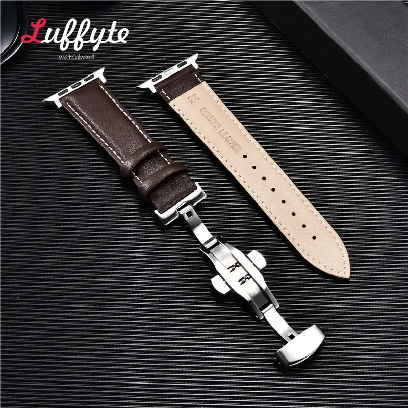 Leather Watch Band for Apple Watch Ultra 9 8 7 6 5 4 3 with Butterfly Clasp for Iwatch 38mm 40mm 41mm 42mm 44mm 45mm 49mm Straps