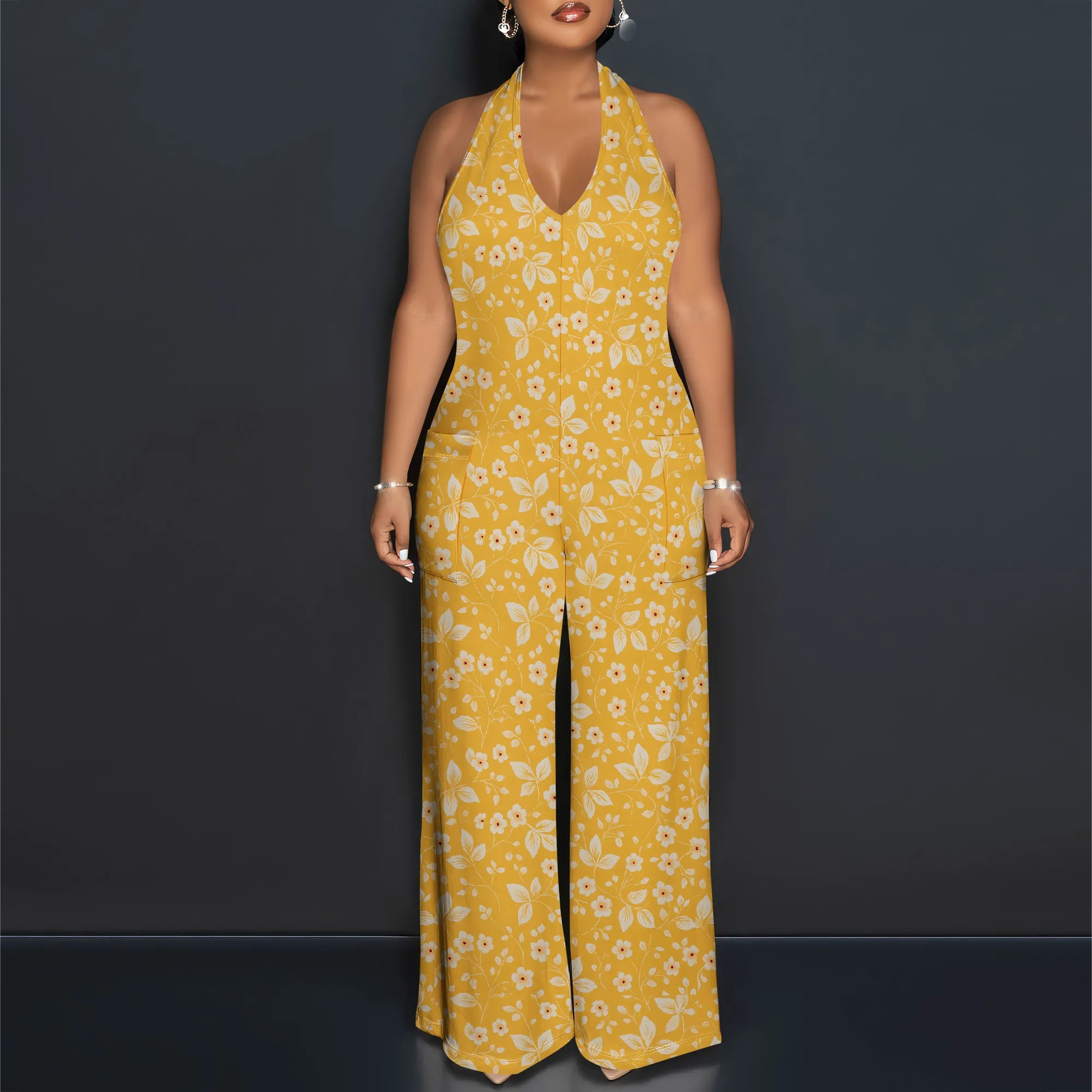 One Piece Jumpsuits สําหรับผู้หญิง Halter V คอกว้างขา Jumpsuit ฤดูร้อนสบายๆชุดวันหยุด