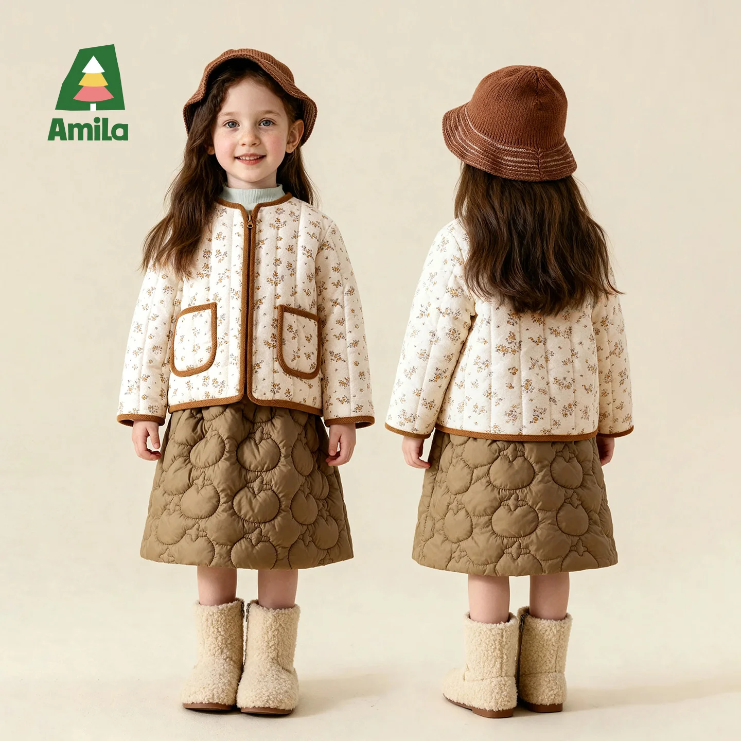 

Amila Kids Winter Girls' Floral Round Neck Zipper Cotton Jacket With Thick Velvet And Fun Double Pockets Simple And Fashionable