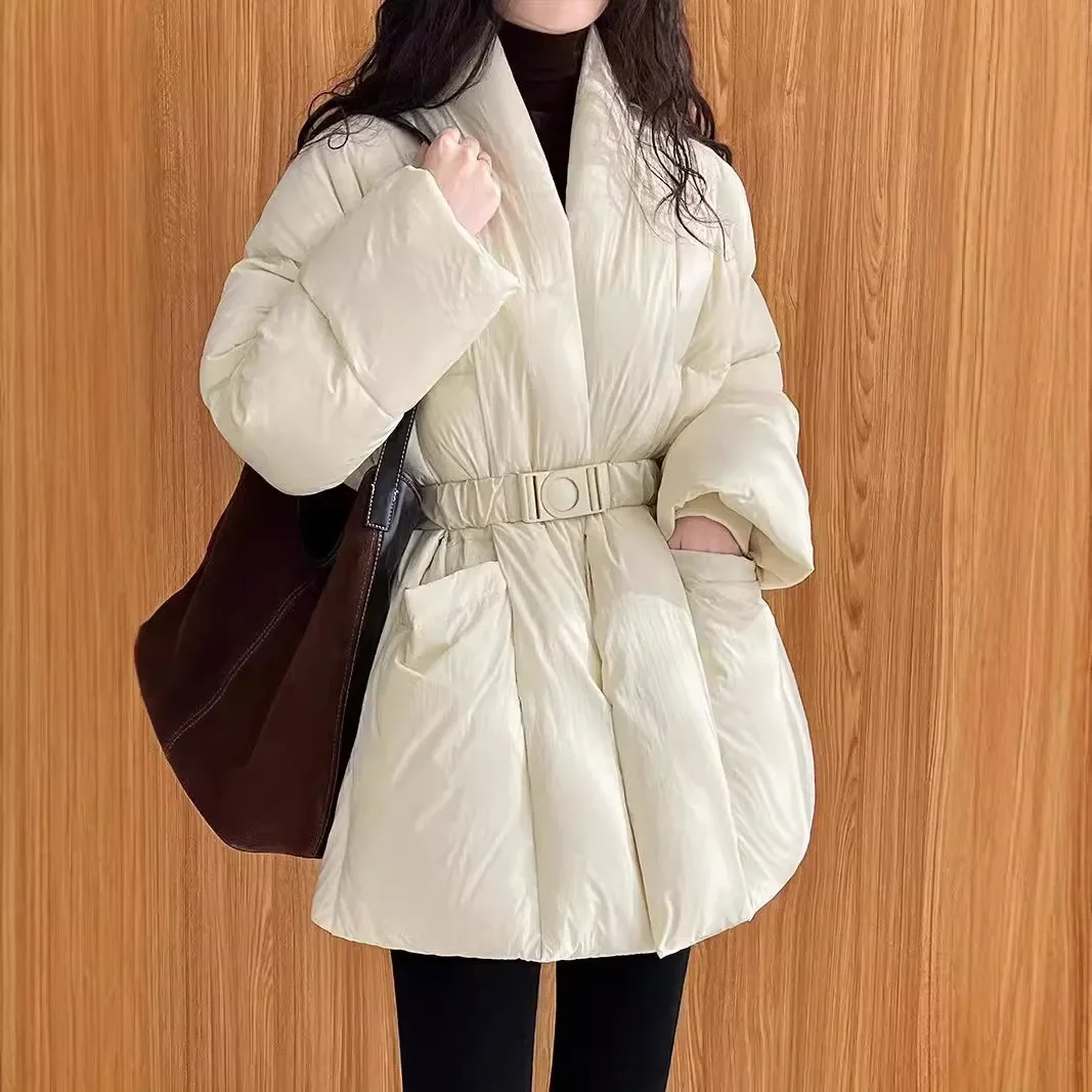 2024 Winter New Women\'s Down Jacket Loose Commuter V-neck Cardigan Laced White Duck Down Jacket