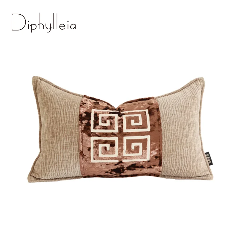 Diphylleia Greek key Pattern Embroidery Lumbar Pillowcase Luxury Taupe Chenille Texture Stunning Cushion Cover For Sofa Bedroom