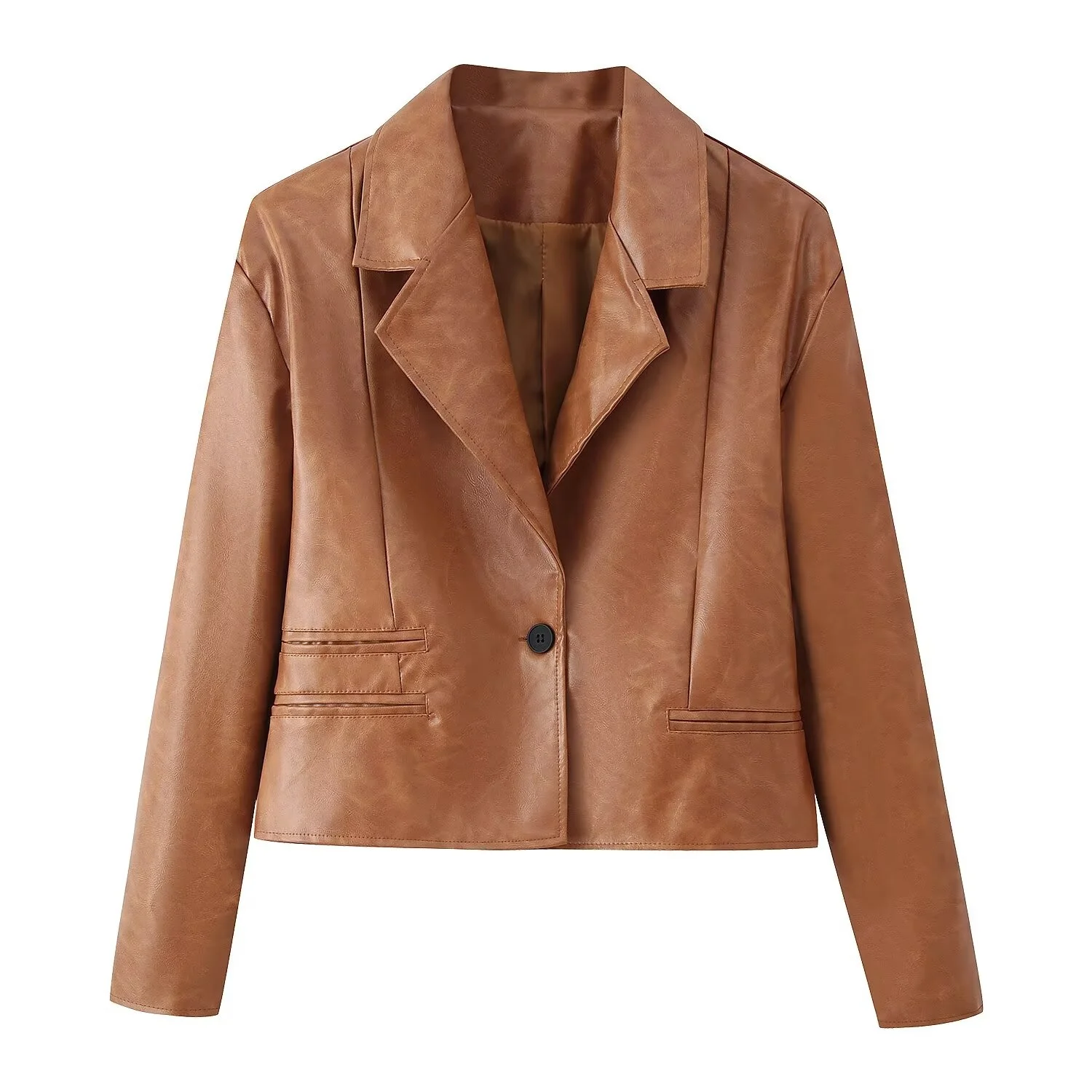 Women'S Short Jacket Vintage PU Leather Coat Female Loose Laple Oversized Jackets Lady Spring Autumn Leather Blazer Jacket