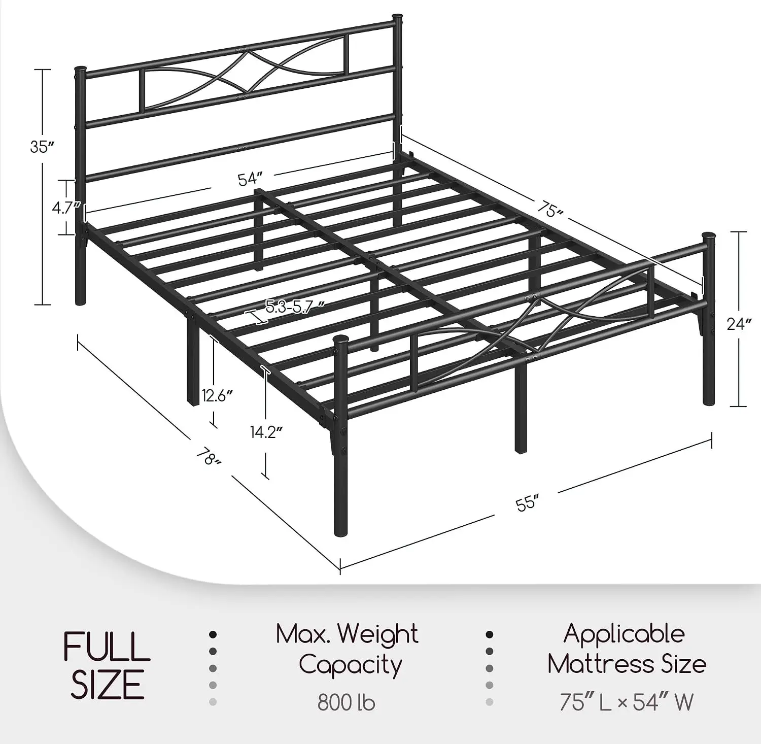 Black Full Size Metal Bed Frame Featuring a Curved Headboard