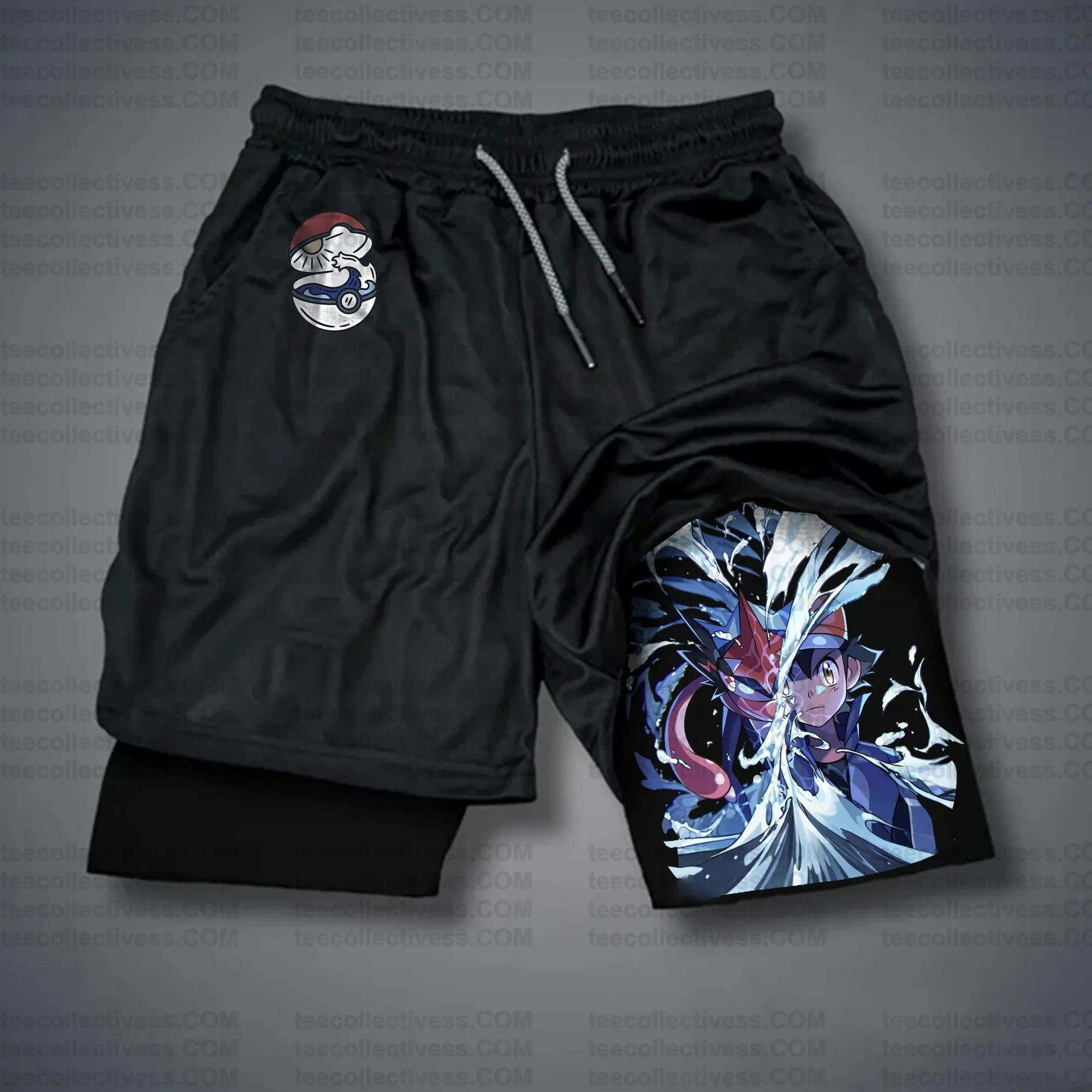 Pantalones cortos de Anime para hombre, pantalones deportivos de algodón, pantalones gráficos de verano 2025, Base negra, personaje de Pokeball, efecto colorido contra salpicaduras de agua, izquierda