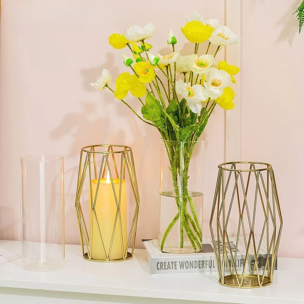 حامل شموع عمود ذهبي عالي الجودة، 8 قطع حامل شموع إعصار زجاجي مع حامل رفوف معدني هندسي لحفلات الزفاف - تخفيضات كبيرة #6