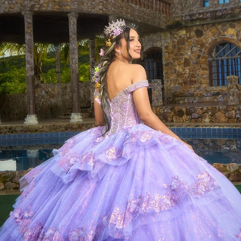 Lavanda brilhante quinceanera vestidos de baile fora do ombro lantejoulas apliques rendas miçangas cristal tull doce 16 vestido vestidos de