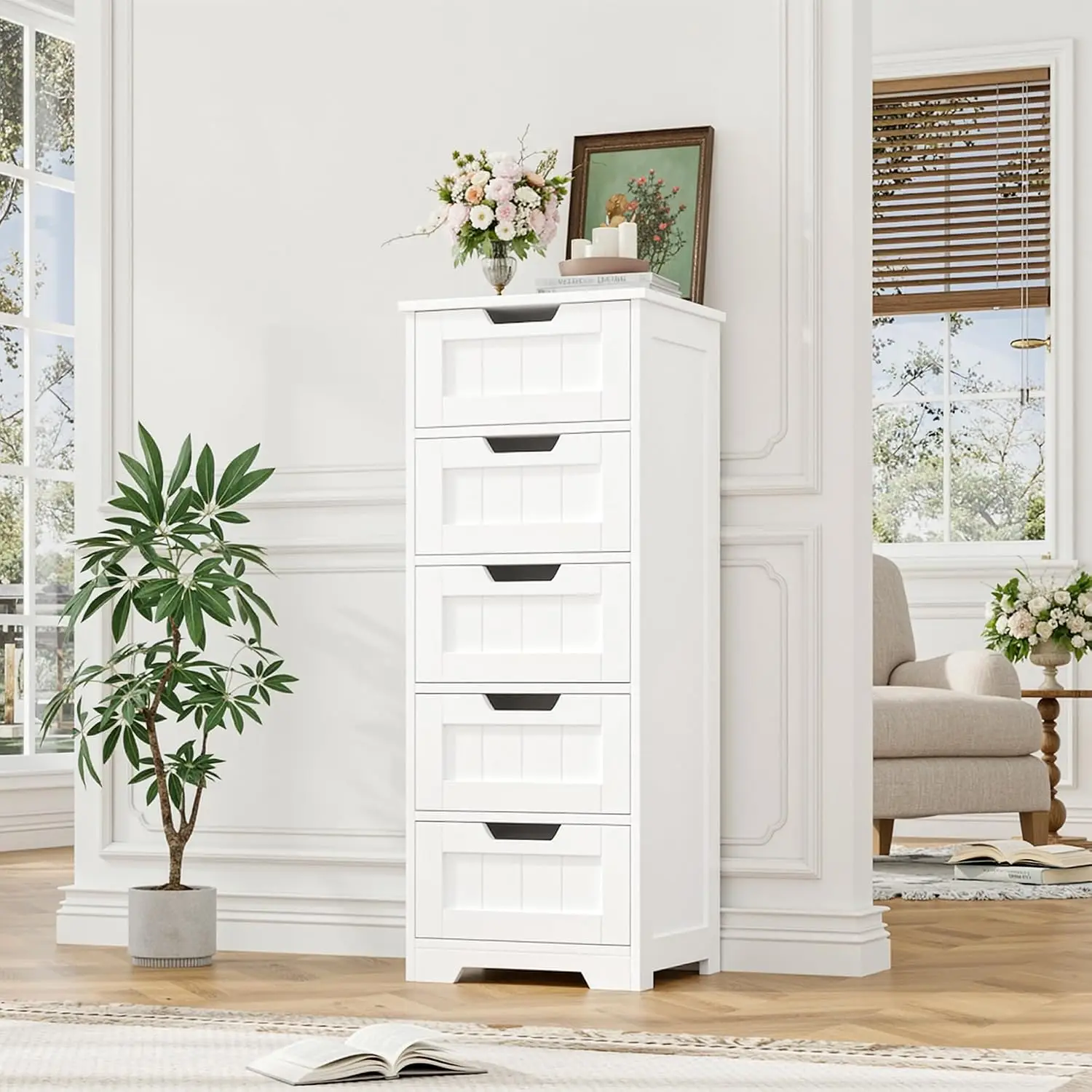 Freestanding Bathroom Storage Cabinet, Wooden Floor Organizer Unit With Five Drawers, Narrow Space Saving Furniture For Living Room Hallway, Modern White Home Organizer view 5