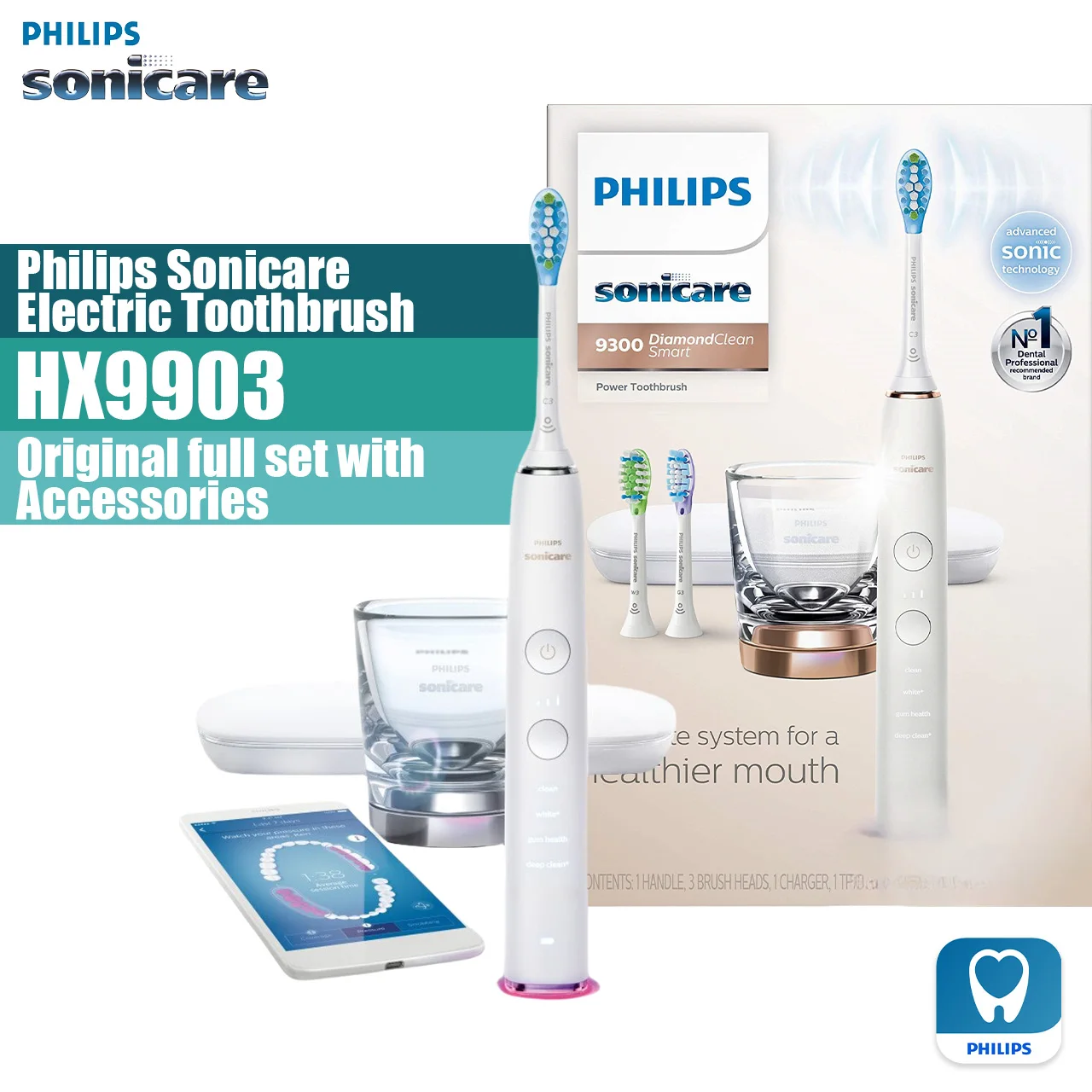 

Philips Sonicare DiamondClean Smart 9300 HX9903 Sonic Electric Toothbrush Replacement Head Black White With App