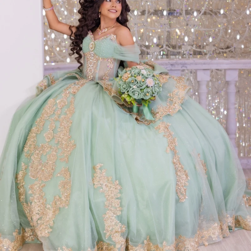 

Light Green Shiny Quinceanera Dresses Ball Gown Off The Shoulder Gold Applique Lace Beading Crystal Bow Tull Corset Party