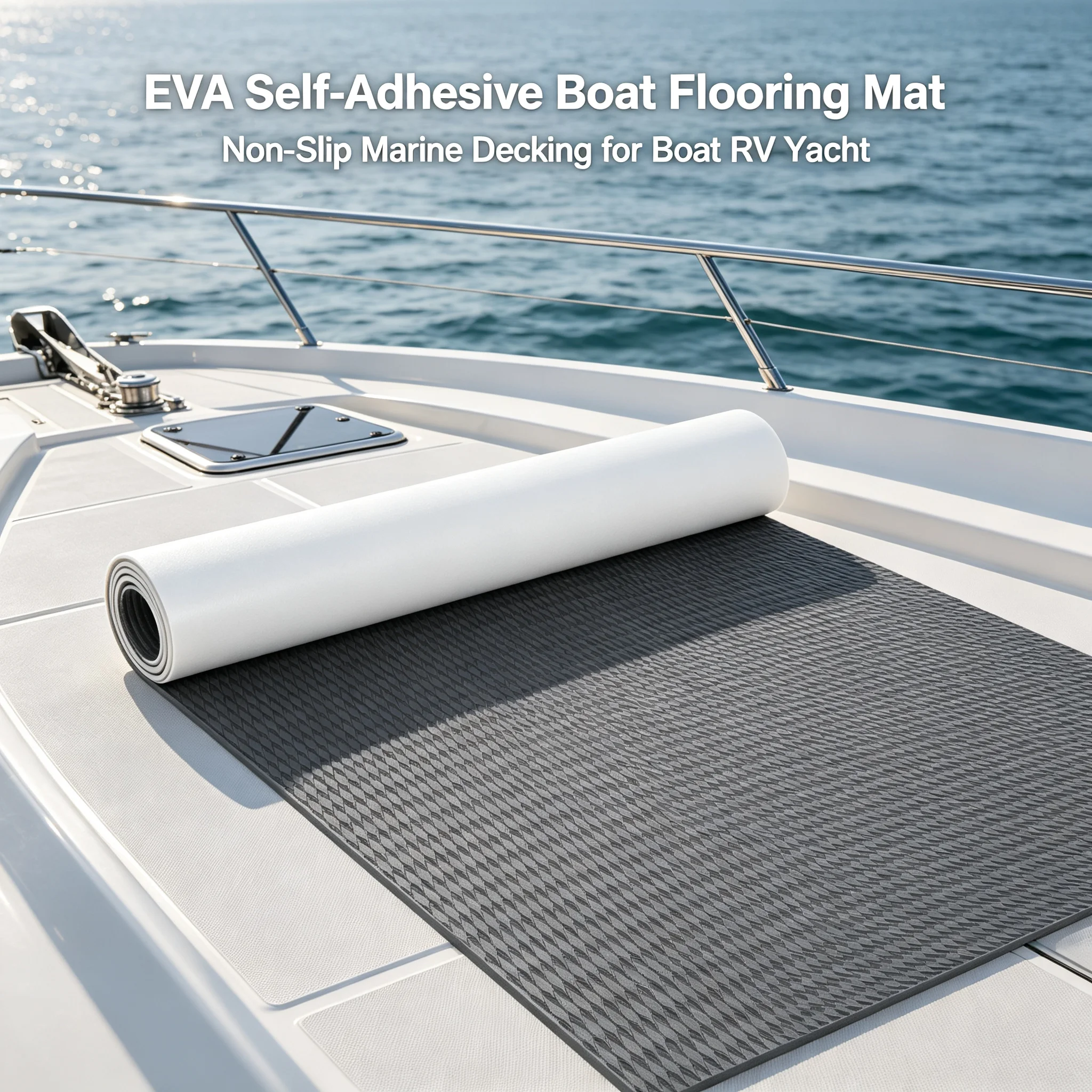 EVA Boat Flooring Mat 240x118cm Self-Adhesive Marine Decking, Non-Slip Diamond Pattern Boat Floor Mat with Strong Adhesive Backing for Boats RVs Yachts, Dark Grey