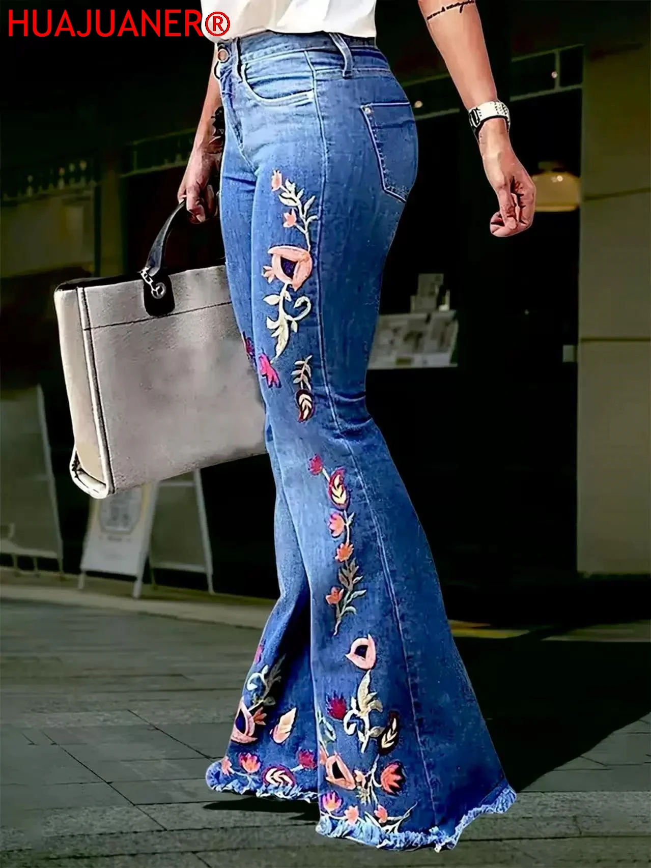 Flare Jeans Women Embroidery Pants Boot Cut Stretch Streetwear Floor Length Washed Vintage Pockets Distressed Denims Trousers