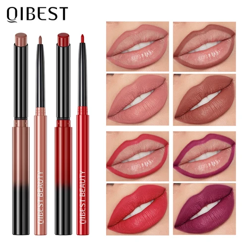 Imagen 2 del producto QIBEST lápiz labial mate desnudo lápiz labial de larga duración lápiz labial impermeable delineador de labios contorno Sexy juego de maquillaje de labios rojo para mujeres