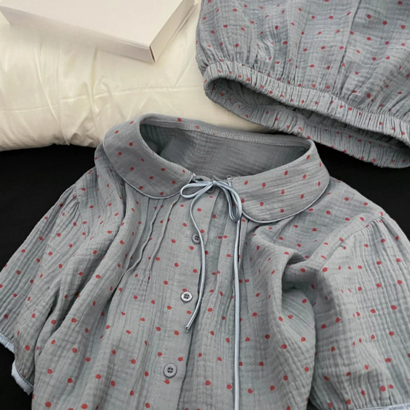 Korean Polka Dot Double-layer Cotton Yarn Short-sleeved Pajamas for Women's Summer New Soft and Skin-friendly Home Clothing