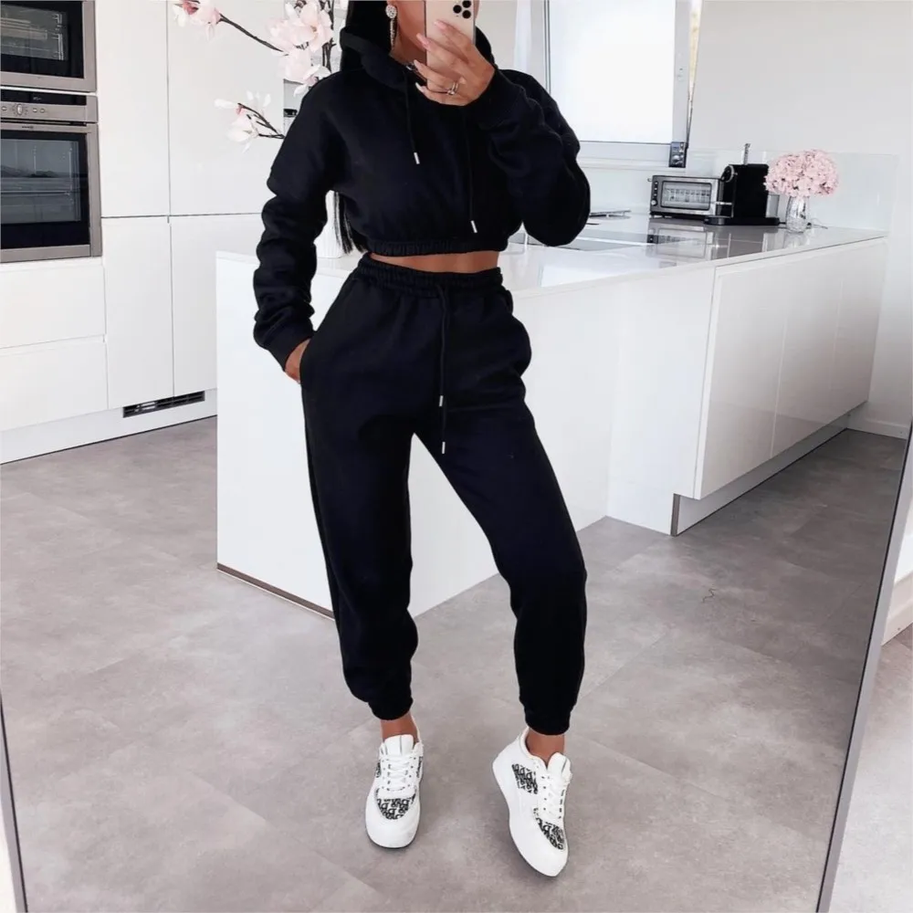 

Ultra-short Hooded Sweatshirt Long-sleeved Women's Set Autumn New Casual Pocket Sports Small Leg Long Pants Female 2-piece Set