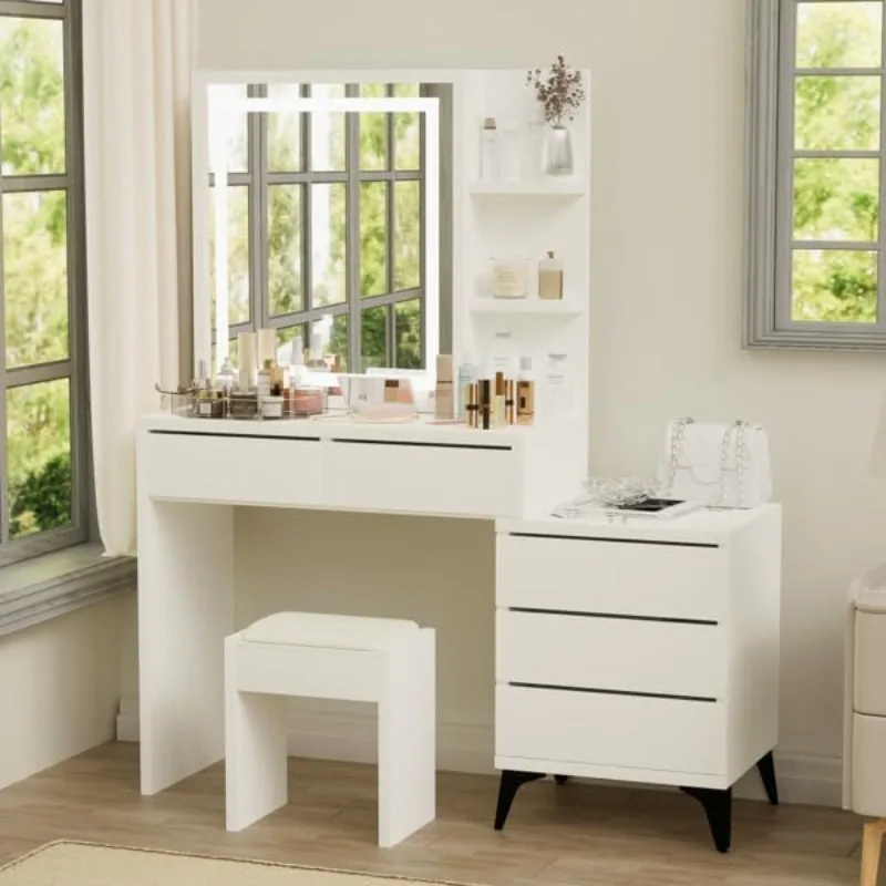 

with Mirror and LED Lights, 45.3" Makeup Vanity, Vanity with 5 Drawers, 3 Colors Light, for Makeup and Chair, Vanity