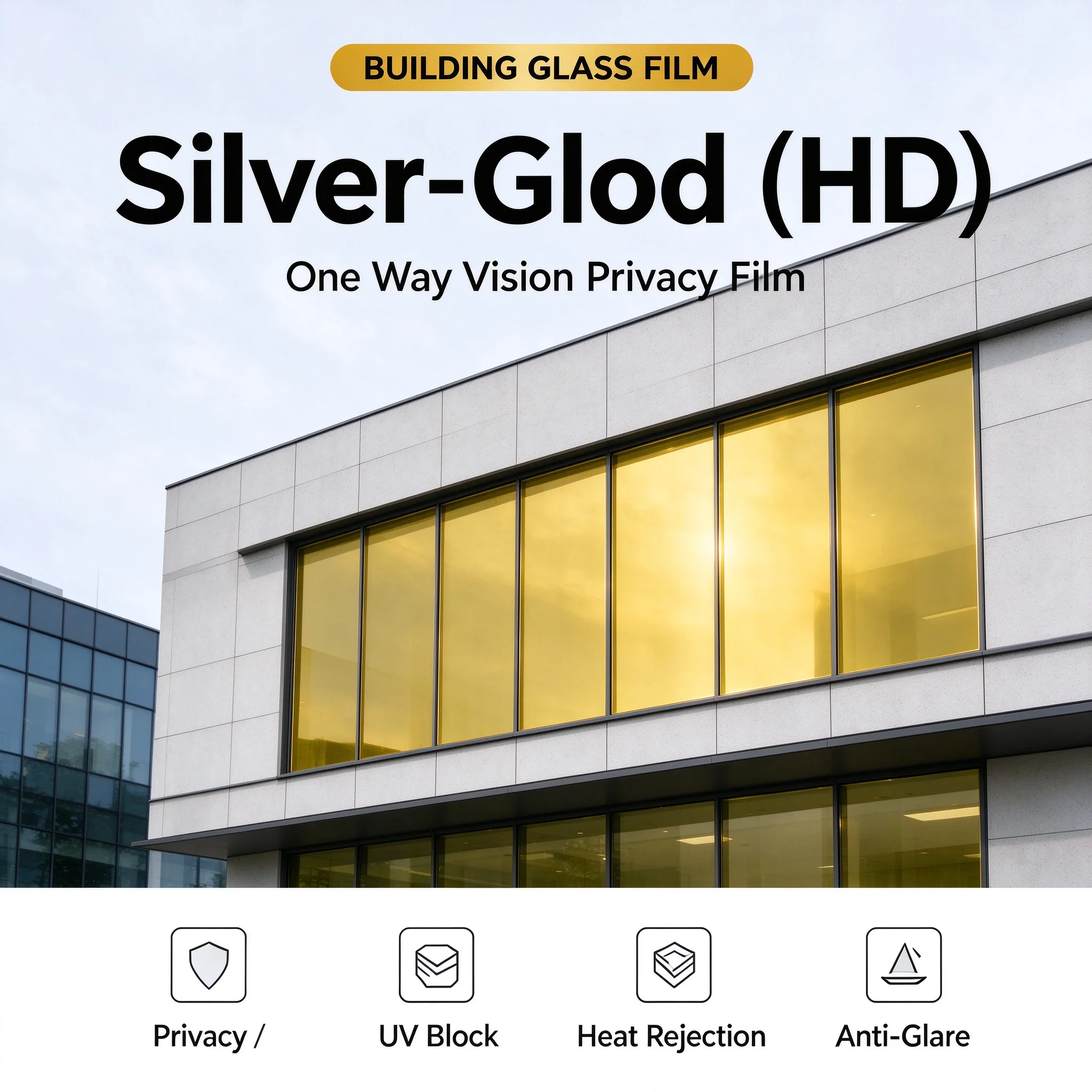 Silver Gold HD Window Film Roll PET One Way Privacy Heat Rejection Anti Glare Solar Control For Building Glass