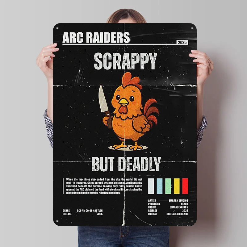 Arc Raiders Scrappy But Deadly Metallposter, individuelle Wandkunst, Retro-Vintage-Blechschilder für Männerhöhle, Dekoration, Schlafzimmer, Haus