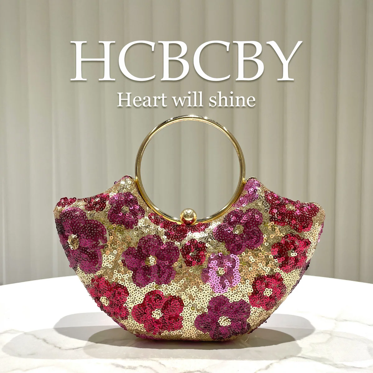 Fuchsia Sparkling Sequin Embroidered Round Ring Handbag, Women's Fashionable Evening Dress Bag