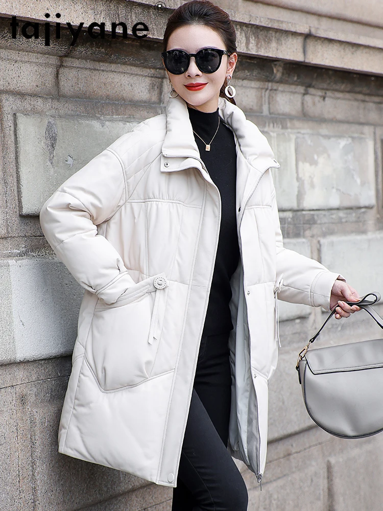 TAJIYANE 100% جلد الغنم بطة أسفل معطف امرأة أنيقة الأبيض سترة منفوخة قسط حقيقية سترات من الجلد ملابس حريمي 2025 신상 Jadiitet