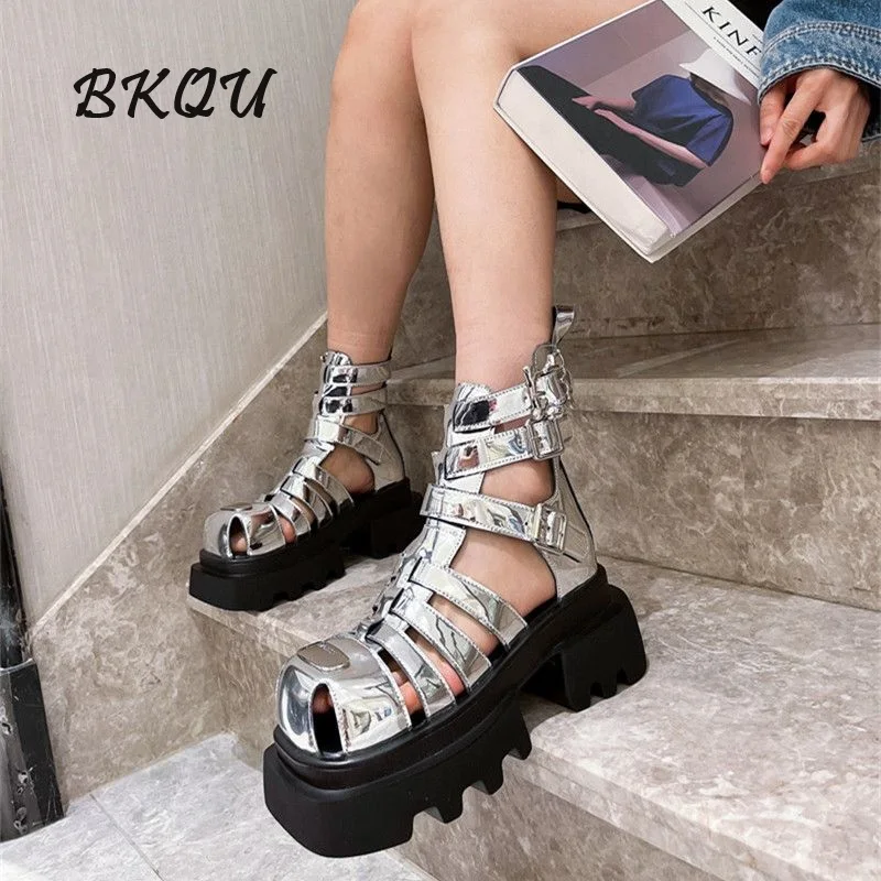 

BKQU Thick Soled Roman Sandals Women's Shoes 2024 New Woven Metal Decoration Hollow Short Cold Boots Silver Fashion Breathable