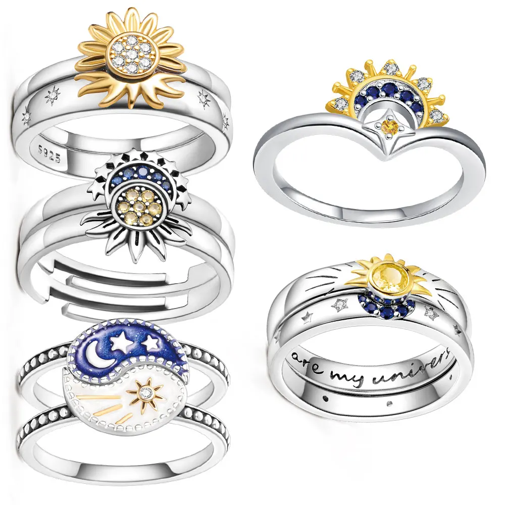 925 Silver Shiny Rings Sun & Moon Rings Rings for Couples Fashionable Women Party Jewelry Valentine's Day Gifts