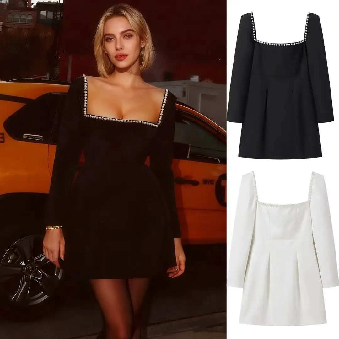 Vestidos de fiesta elegantes, ropa femenina, novedad, cuello cuadrado, cintura corta, corte en A, Mini vestido de terciopelo, ropa de mujer, vestido de fiesta