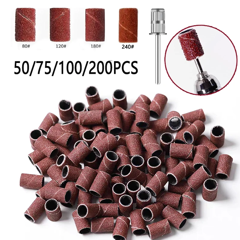 50/75/100/200Pcs Sanding Cap Bands Grit File Manicure Pedicure Nail Electric Drill Machine Grinding Sand Ring Bit Pedicure Tool